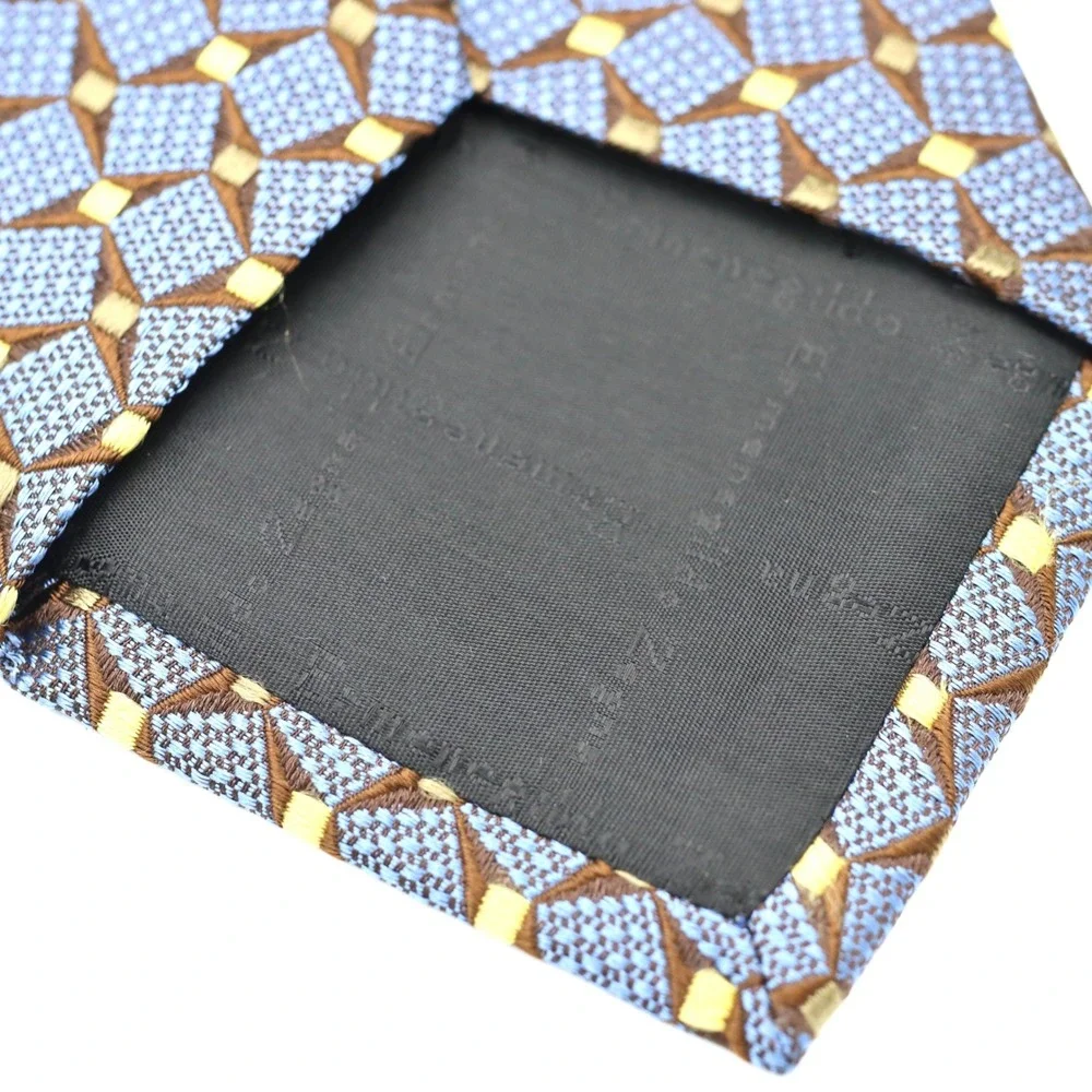 Ermenegildo Zegna Silk Tie Blue‎ Brown Yellow Geometric Diamond Pattern Italy